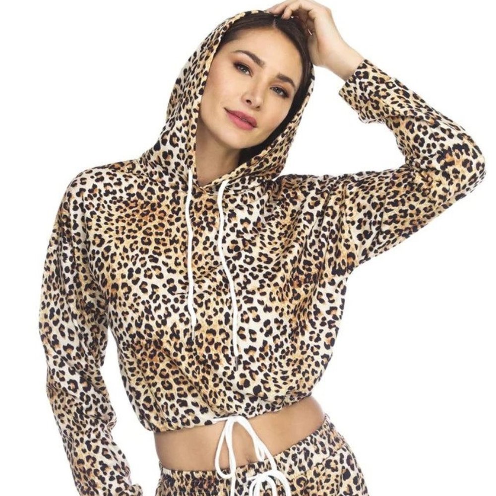 Club Moda Leopard Hooded Print Pullover Top